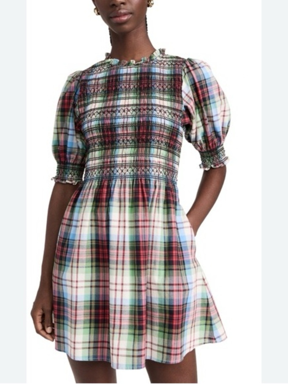Hill House Athena Nap Dress Plaid Tartan Smocked Puff Sleeve Cotton Size Small